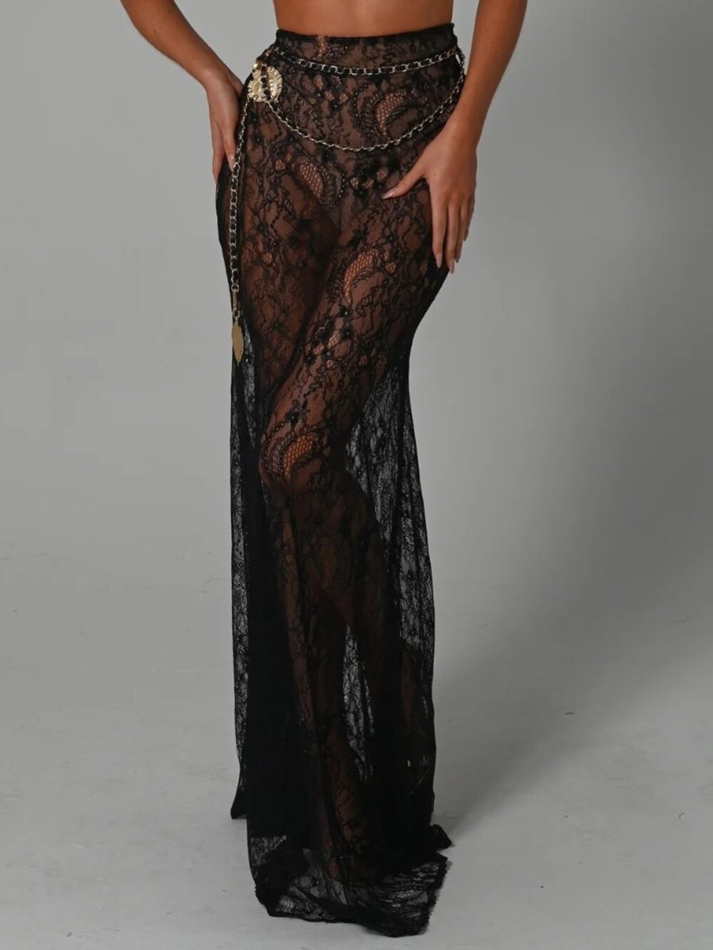 ๐A BOMBSHELL!๐The Dolls House Francesca Black Lace Maxi Skirt w/ Chain & Belt - Picture 3 of 16